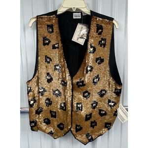 Vintage Halsey Collection Adult Small Leopard Rayon Sequin Boho hidden Snap Vest